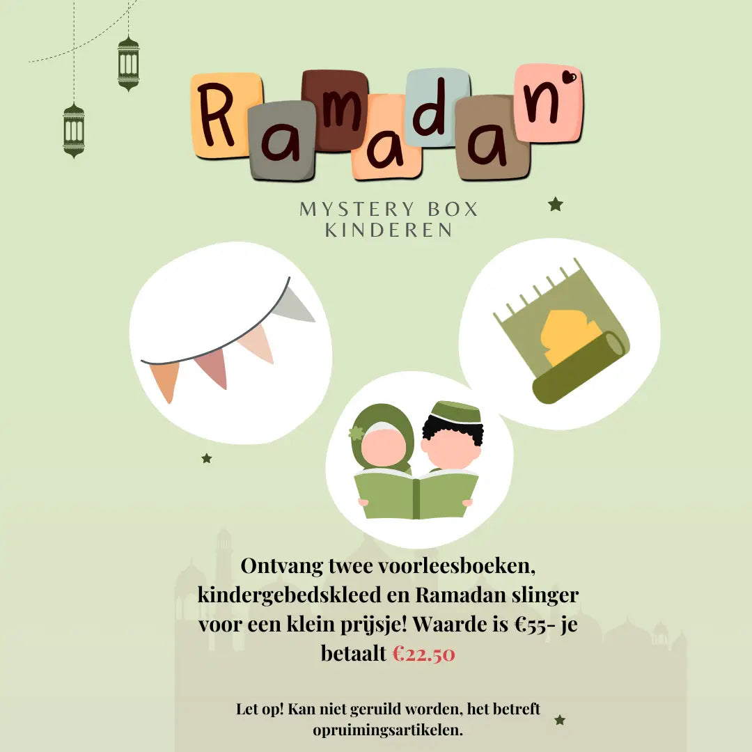 Ramadan mysterybox kinderen met kleurrijke blokletters, feestvlaggetjes, boek met gouden maansikkel en lezende kinderen