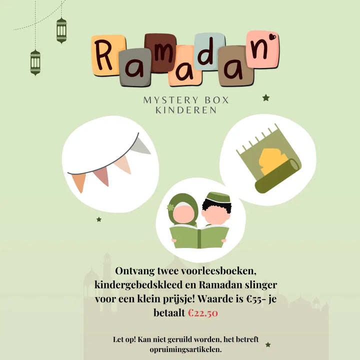 Ramadan mysterybox kinderen met kleurrijke blokletters, feestvlaggetjes, boek met gouden maansikkel en lezende kinderen