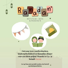 Ramadan mysterybox kinderen met kleurrijke blokletters, feestvlaggetjes, boek met gouden maansikkel en lezende kinderen