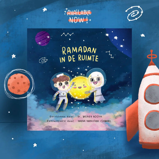 Een charmante kinderboekcover van ramadan in de ruimte met twee astronauten, een zon en sterren op een donkere achtergrond