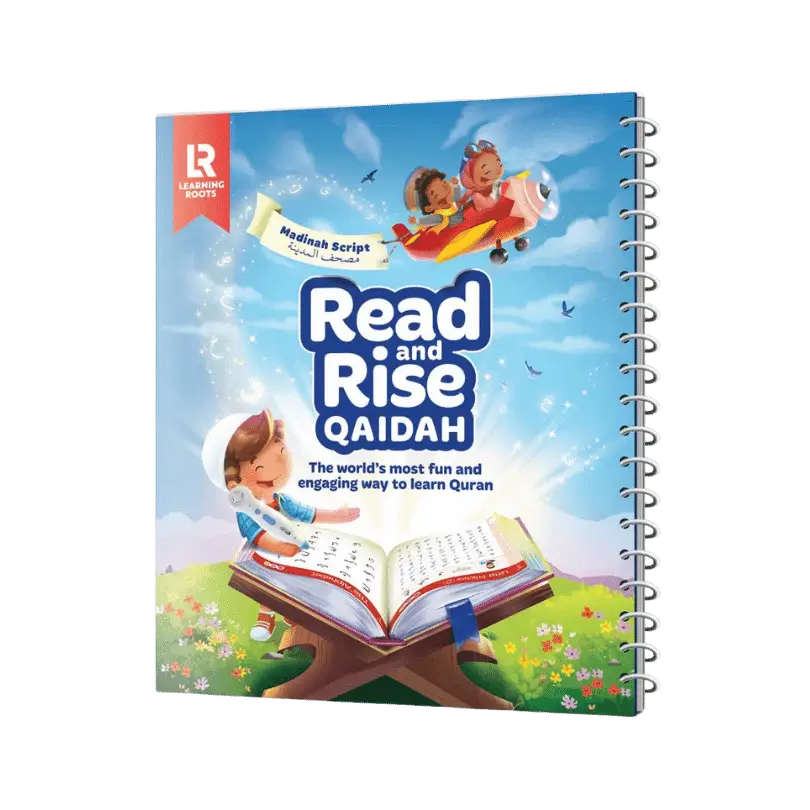 Een kleurrijk spiraalgebonden kinder quran leerboek read and rise qaidah met cartoon kinderen en een rode vliegtuiglucht