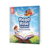 Een kleurrijk spiraalgebonden kinder quran leerboek read and rise qaidah met cartoon kinderen en een rode vliegtuiglucht