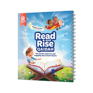 Een kleurrijk spiraalgebonden kinder quran leerboek read and rise qaidah met cartoon kinderen en een rode vliegtuiglucht