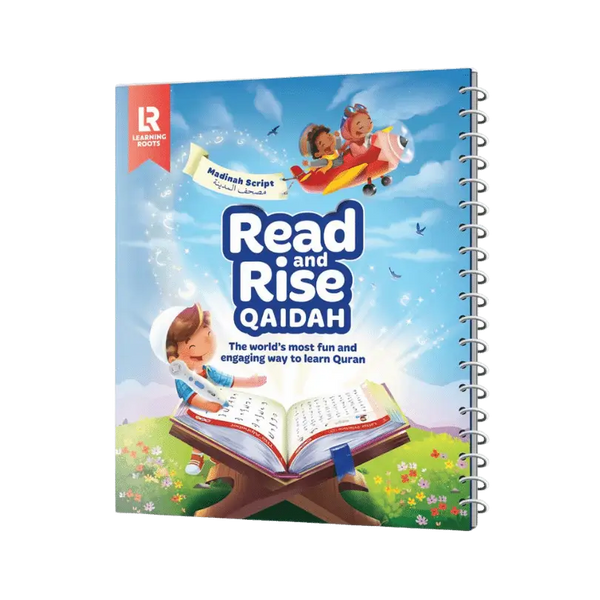 Een kleurrijk spiraalgebonden kinder quran leerboek read and rise qaidah met cartoon kinderen en een rode vliegtuiglucht