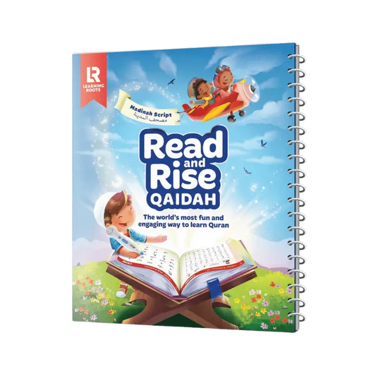 Een kleurrijk spiraalgebonden kinder quran leerboek read and rise qaidah met cartoon kinderen en een rode vliegtuiglucht