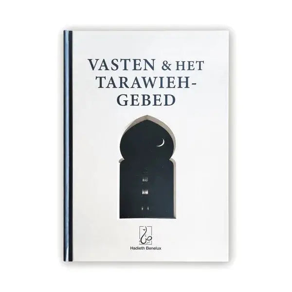 Wit hardcover boek regels omtrent vasten en het tarawieh-gebed met uitgesneden deuropening en maan door hadieth benelux