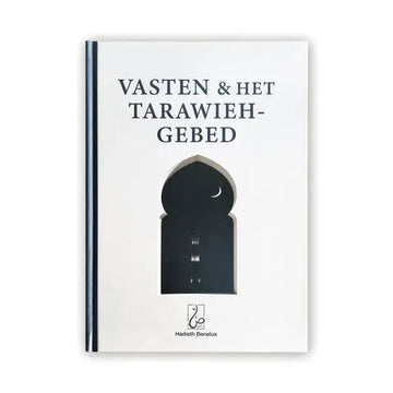 Wit hardcover boek regels omtrent vasten en het tarawieh-gebed met uitgesneden deuropening en maan door hadieth benelux