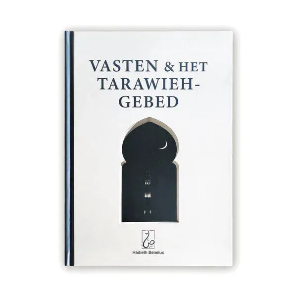 Wit hardcover boek regels omtrent vasten en het tarawieh-gebed met uitgesneden deuropening en maan door hadieth benelux