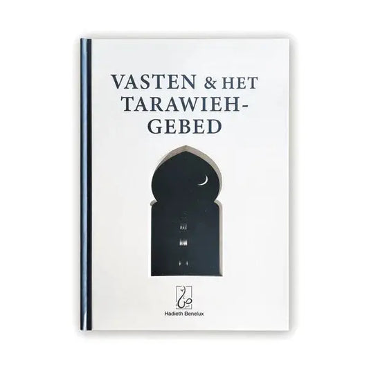 Wit hardcover boek regels omtrent vasten en het tarawieh-gebed met uitgesneden deuropening en maan door hadieth benelux