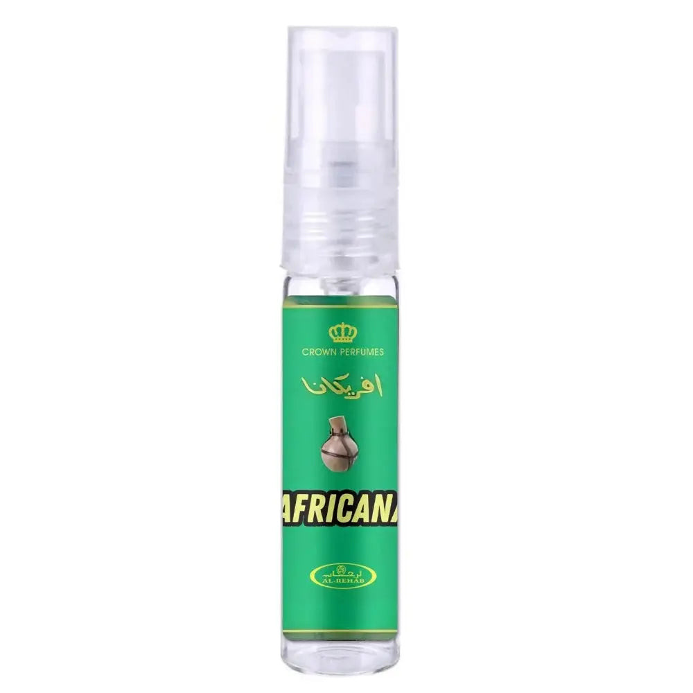 Een helder glazen sprayfles met een groen etiket en gouden tekst van crown perfumes african al-rehab parfum africana
