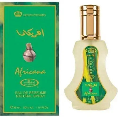 Groen en goud gelabelde fles africana eau de parfum van crown perfumes in al-rehab parfum africana product
