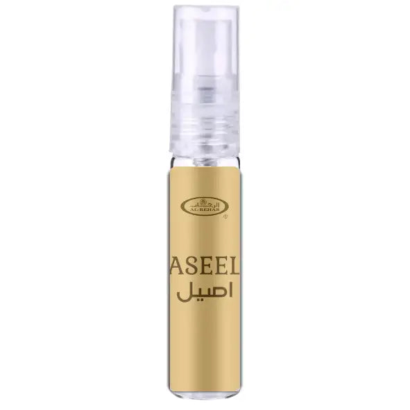 Goudkleurige glazen parfumfles al-rehab parfum aseel met transparante spray en zwarte arabische letters