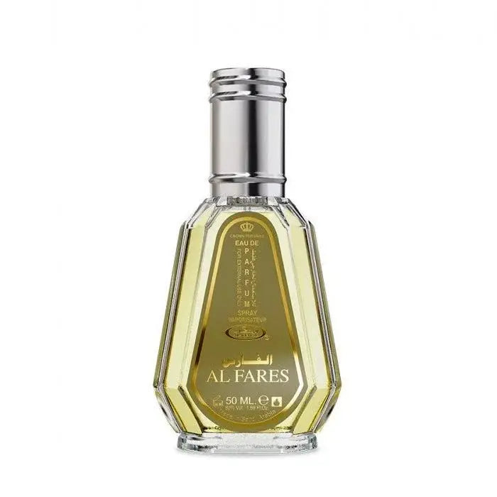 Een slanke gefacetteerde glazen fles al fares eau de parfum spray met metallic zilveren dop en gouden label van al rehab