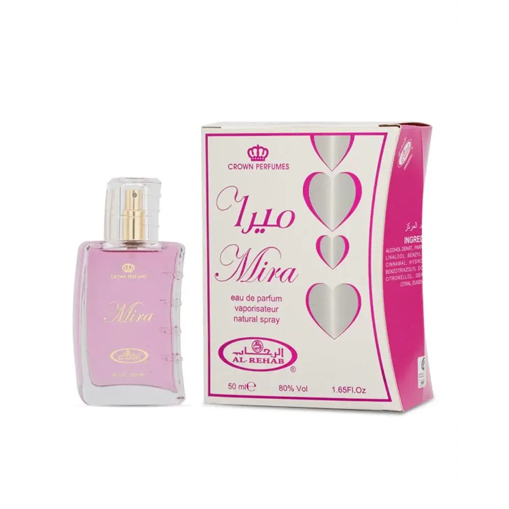 Roze glazen parfumfles met gouden accenten en een transparante spraydop gelabeld mira van crown perfumes al-rehab parfum mira
