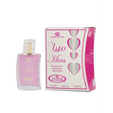 Roze glazen parfumfles met gouden accenten en een transparante spraydop gelabeld mira van crown perfumes al-rehab parfum mira