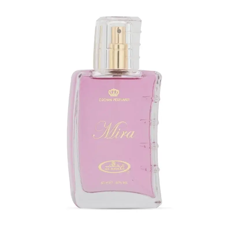 Een roze glazen parfumfles met een goudkleurige spraydop en transparante kap gemarkeerd mira van crown perfume al-rehab parfum mira