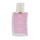 Een roze glazen parfumfles met een goudkleurige spraydop en transparante kap gemarkeerd mira van crown perfume al-rehab parfum mira