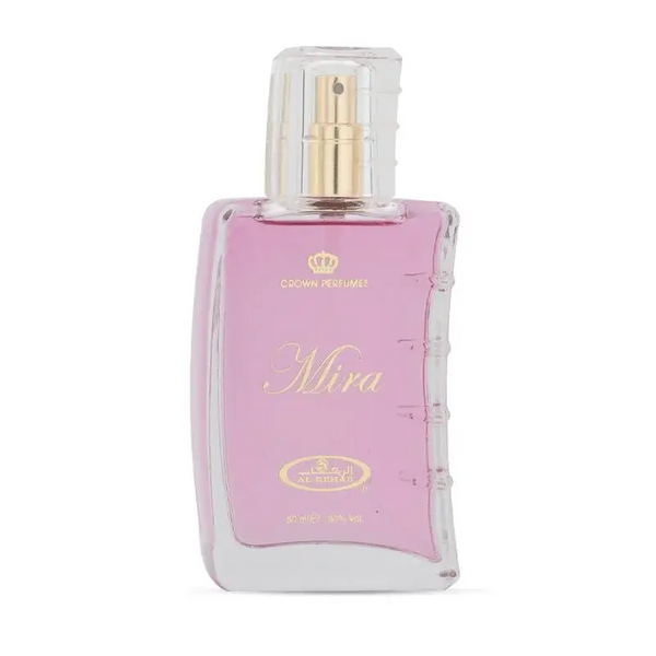 Een roze glazen parfumfles met een goudkleurige spraydop en transparante kap gemarkeerd mira van crown perfume al-rehab parfum mira