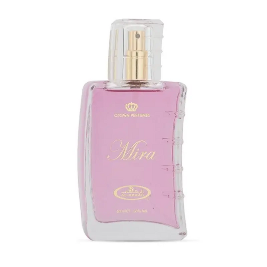 Een roze glazen parfumfles met een goudkleurige spraydop en transparante kap gemarkeerd mira van crown perfume al-rehab parfum mira