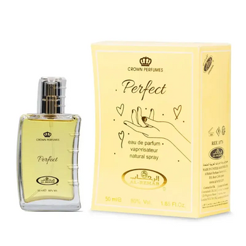 Een heldere glazen fles al-rehab parfum perfect eau de parfum met een goudkleurige spray en lichtgele vloeistof