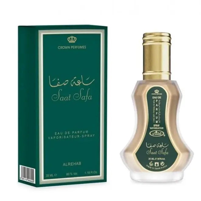 Een strak transparant glazen flesje met gouden dop en label van crown perfumes voor al-rehab parfum saat safa spray
