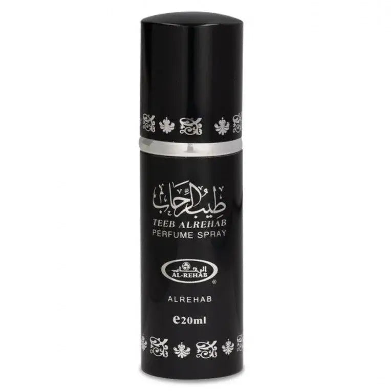 Zwart cilindervormig al-rehab parfumflesje met zilveren banden en arabisch schrift voor teeb al rehab parfum