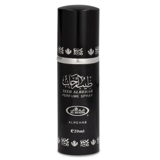 Zwart cilindervormig al-rehab parfumflesje met zilveren banden en arabisch schrift voor teeb al rehab parfum