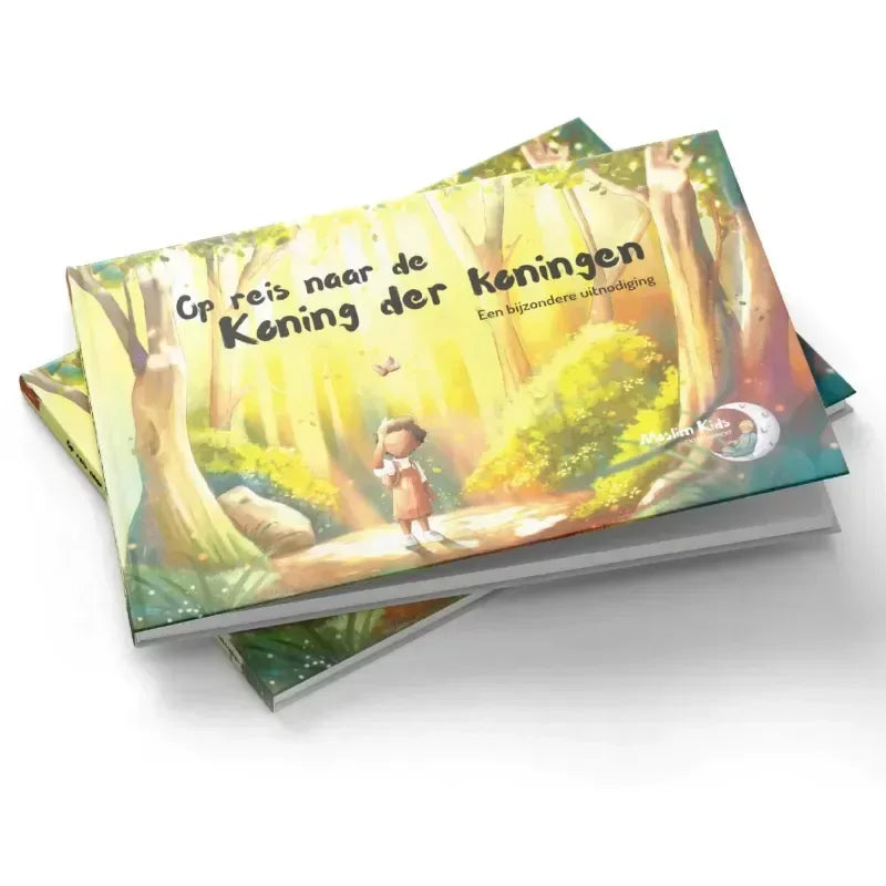 Een kleurrijk kinderboek met een zachte omslag van een bosscène en de titel op reis naar de koning der koningen