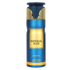 Riffs Deodorant Imperial Blue body spray in blauw en goud met parfumgeur