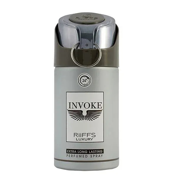 Zilveren en grijze riffs deodorant spray met winged logo en Invoke branding