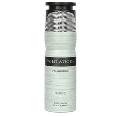Cilindervormige zwarte en witte riffs deodorant flesje Wild Woods geur