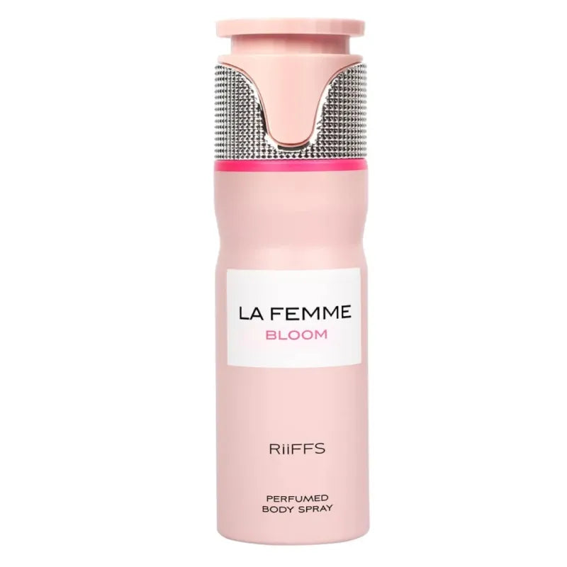 Pink body spray with textured silver cap for Riffs La Femme Bloom Deo Spray