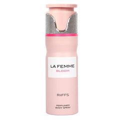 Pink body spray with textured silver cap for Riffs La Femme Bloom Deo Spray