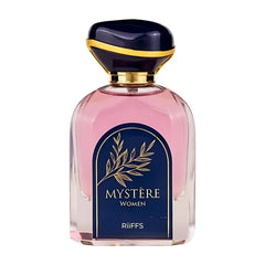 Roze parfumfles met donkerblauwe en gouden dop en label voor Riffs Mystere