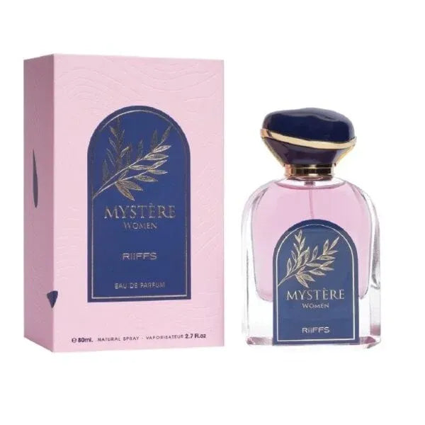 Pink en blauwe parfumfles en verpakking met olijftak ontwerp voor Riffs Mystere