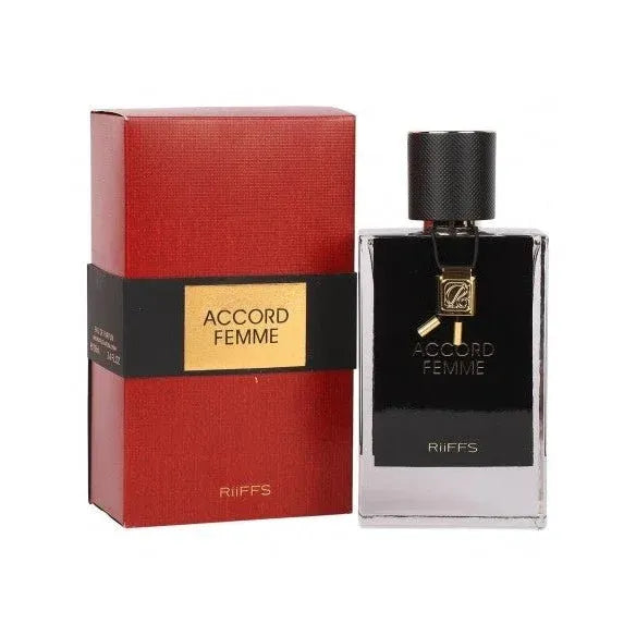 Riffs Parfum Accord Femme met rood en zwart parfumfles en doos voor hele dag gebruik