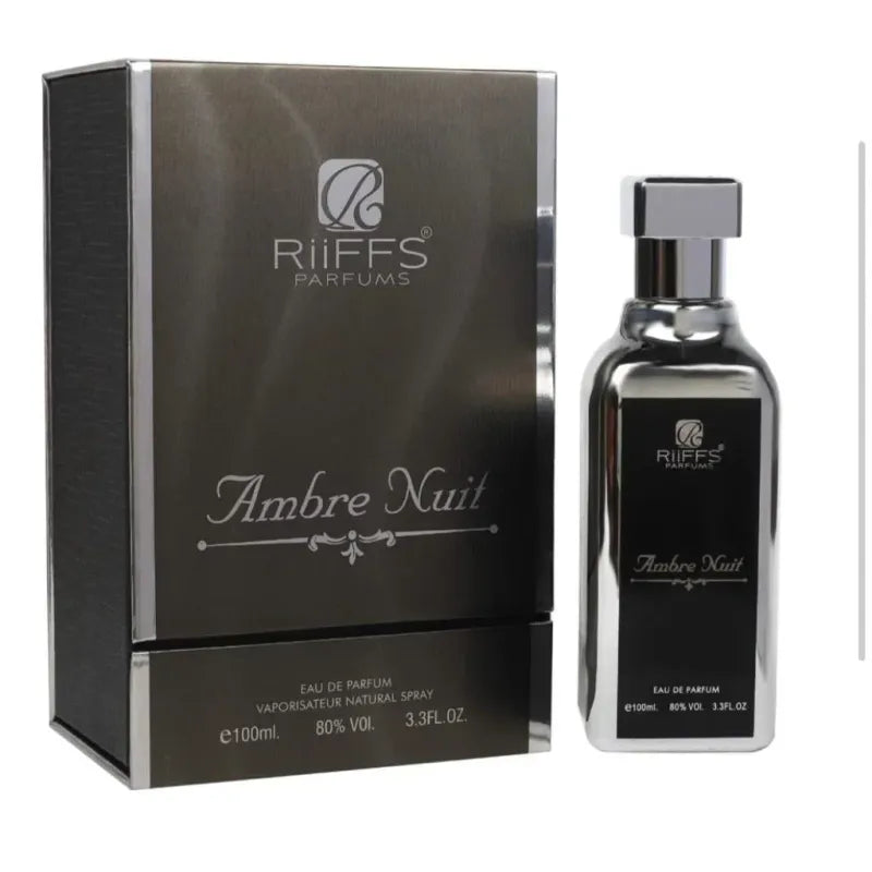 Riffs Parfum Ambre Nuit arabische parfum met zilveren en zwarte doos en fles