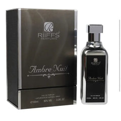 Riffs Parfum Ambre Nuit arabische parfum met zilveren en zwarte doos en fles