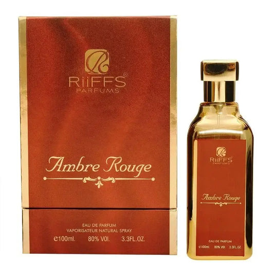 Een slanke goudkleurige glazen fles riffs parfums ambre rouge eau de parfum met bijpassende rode en gouden doos