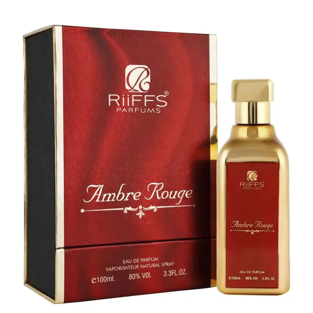 Goldkleurig rechthoekig parfumflesje met rode label ambre rouge van riiffs parfums in het product riffs parfum - ambre rouge