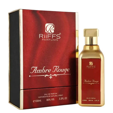 Goldkleurig rechthoekig parfumflesje met rode label ambre rouge van riiffs parfums in het product riffs parfum - ambre rouge