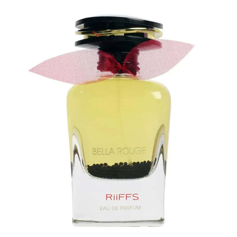 Geel parfumflesje met zwarte dop en rode strik voor Riffs Parfum Bella Rouge