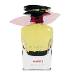 Geel parfumflesje met zwarte dop en rode strik voor Riffs Parfum Bella Rouge