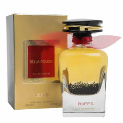 Riffs Parfum Bella Rouge met gouden doos en heldere parfumfles met rood en zwart deksel