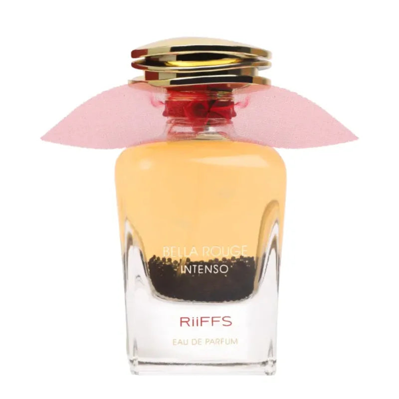 Goldgekapte Riffs Parfum Bella Rouge Intenso fles met roze lint en tweekleurige vloeistof