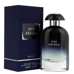 Riffs Parfum Bleu Absolu flesse en doos, donkerblauw en helder glas parfumflesje
