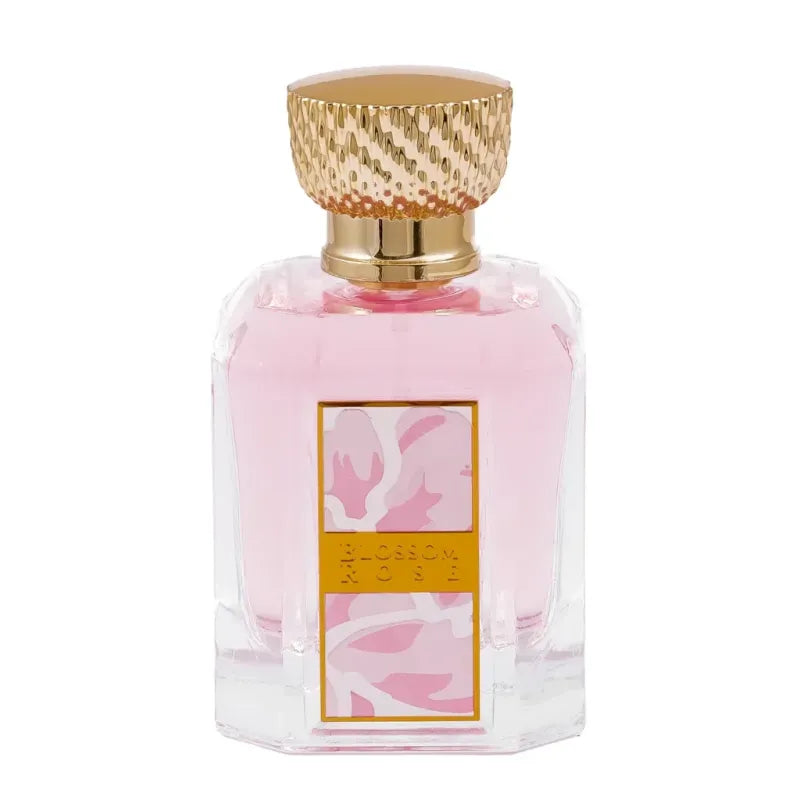 Pink parfumfles met gouden textuurkap en decoratief label voor Riffs Parfum Blossom Rose