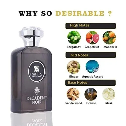 Riffs Parfum Decadent Noir Arabische Parfum met grijze fles en zilveren dop