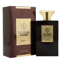 Brown en goud Elexir Leather parfumfles en bijpassend doosje van Riffs Parfum Arabische parfum