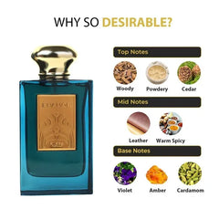 Teal glazen Riffs Parfum Enamour fles met gouden dop en label, woody en warm notes
